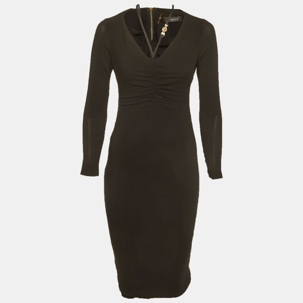 Versace Black Crepe Medusa Detail Ruche Midi Dress S